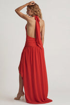 Chic Asymmetric Halterneck Maxi Dress in Chilli Red