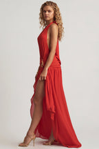 Chic Asymmetric Halterneck Maxi Dress in Chilli Red