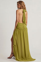 Chic Asymmetric Halterneck Maxi Dress in Olive Green