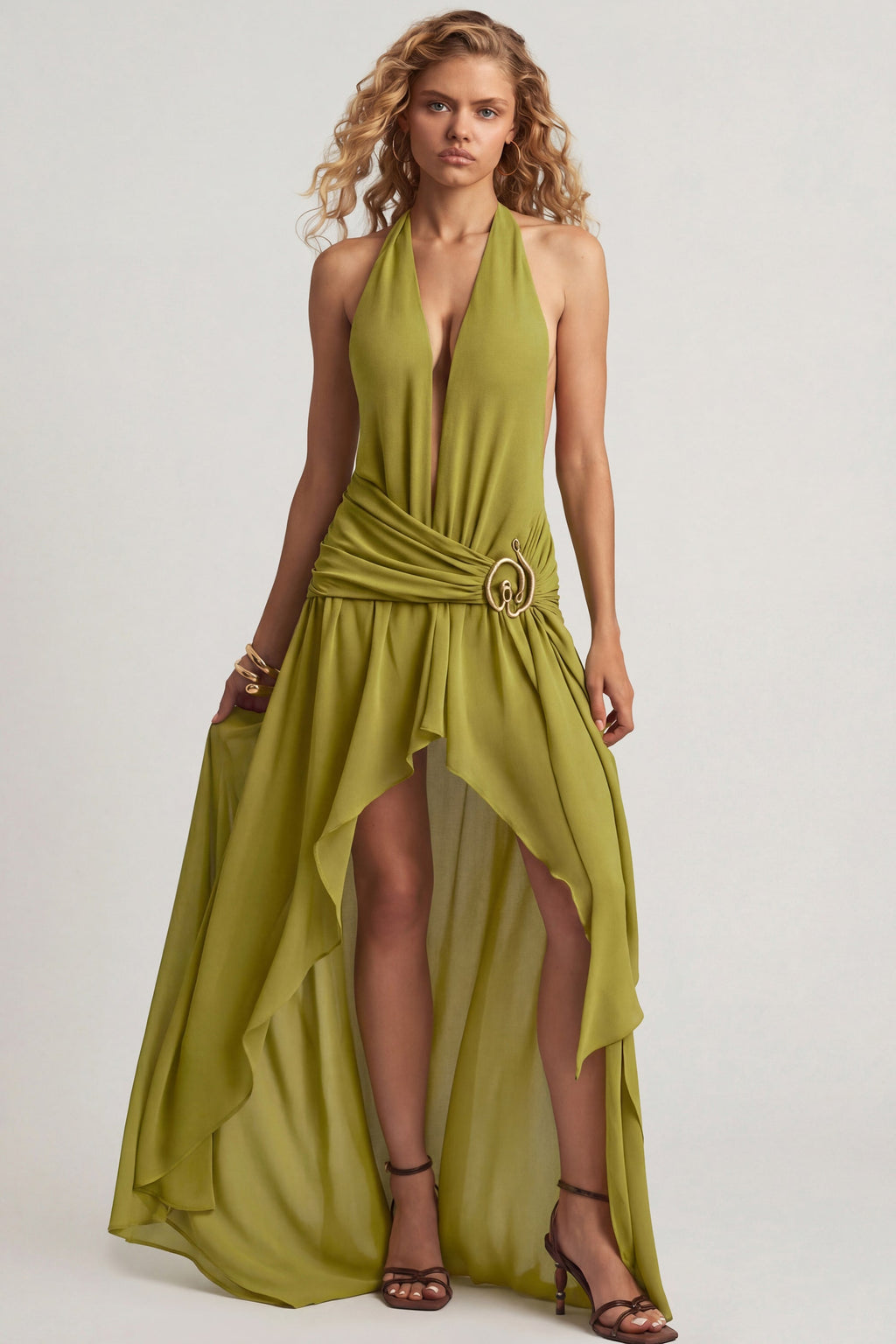 Chic Asymmetric Halterneck Maxi Dress in Olive Green