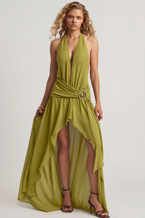 Chic Asymmetric Halterneck Maxi Dress in Olive Green
