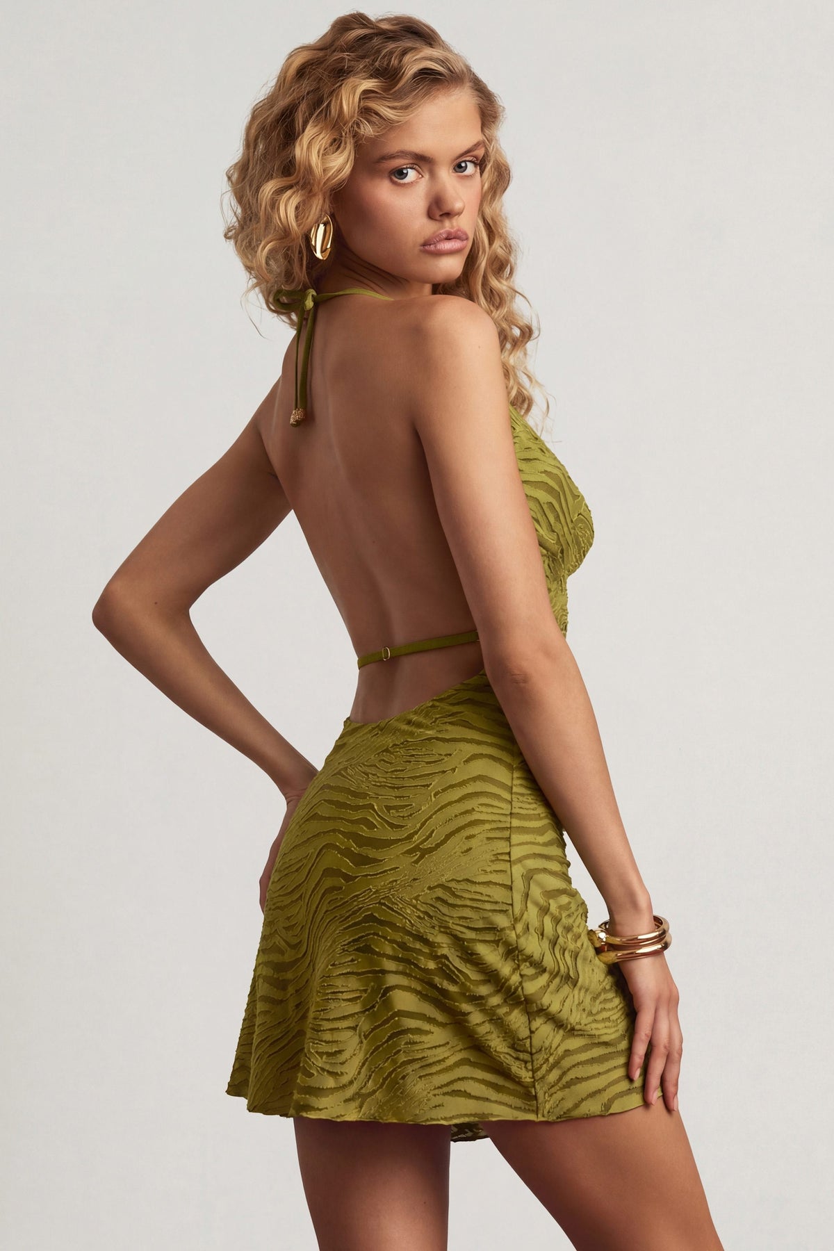 Chic Devoré Cowl A-Line Mini Dress in Olive Green