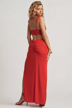Chic Textured Jersey Asymmetric Maxi Dress in Chilli Red