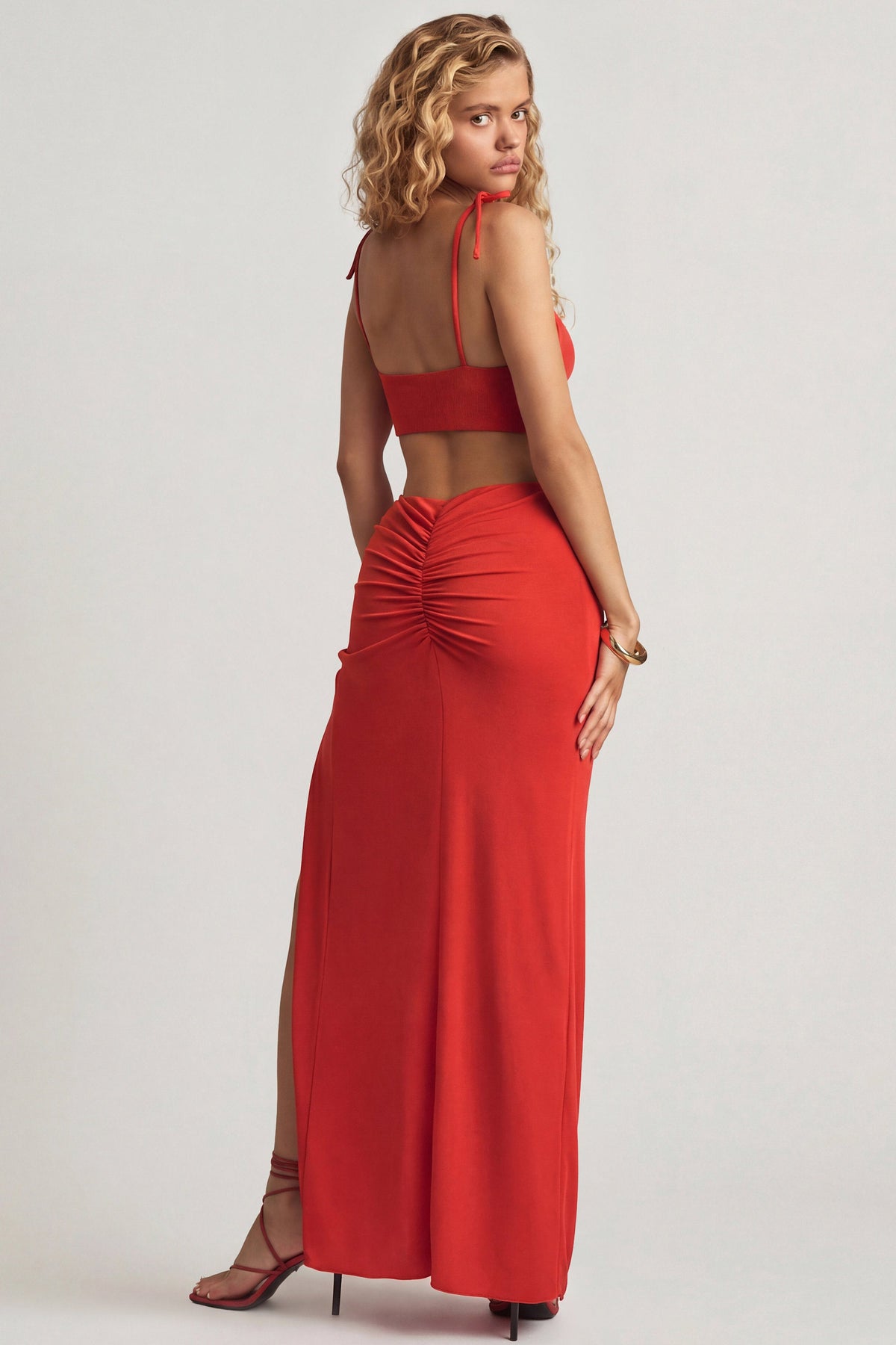 Chic Textured Jersey Asymmetric Maxi Dress in Chilli Red