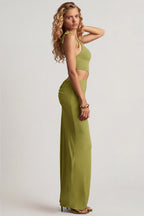 Chic Textured Jersey Asymmetric Maxi Dress in Olive Green