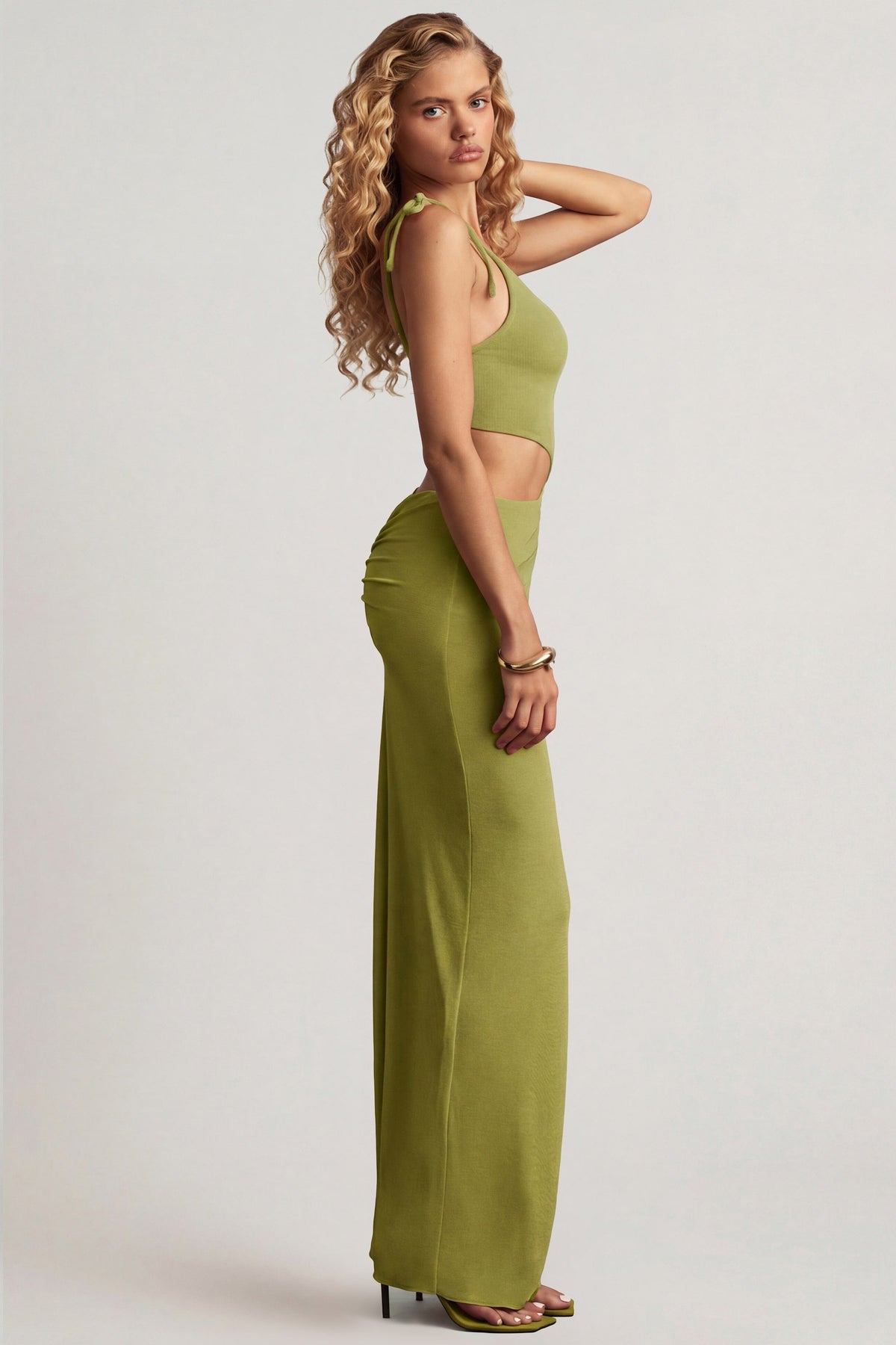 Chic Textured Jersey Asymmetric Maxi Dress in Olive Green