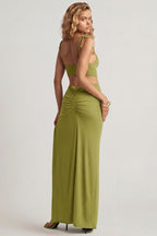 Chic Textured Jersey Asymmetric Maxi Dress in Olive Green