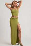 Chic Textured Jersey Asymmetric Maxi Dress in Olive Green