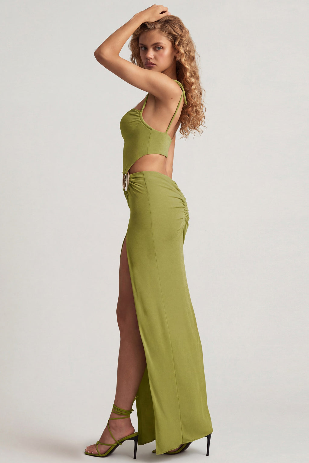 Chic Textured Jersey Asymmetric Maxi Dress in Olive Green