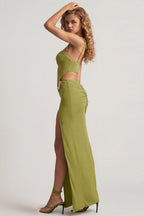 Chic Textured Jersey Asymmetric Maxi Dress in Olive Green