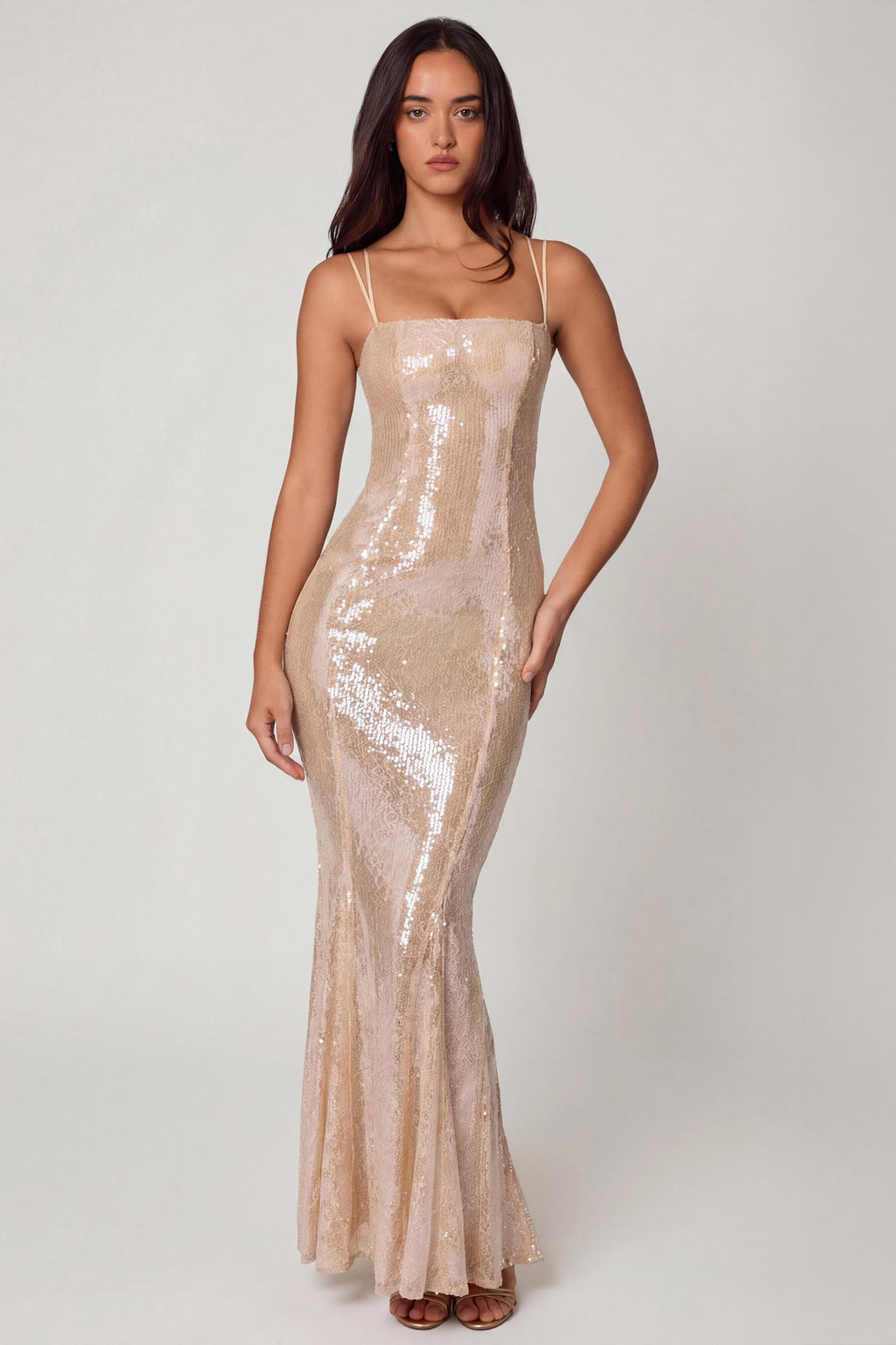 Chic Embellished Square Neck Lace Gown in Pale Peach