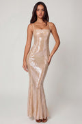 Chic Embellished Square Neck Lace Gown in Pale Peach