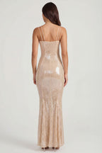 Chic Embellished Square Neck Lace Gown in Pale Peach
