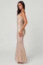 Chic Embellished Square Neck Lace Gown in Pale Peach
