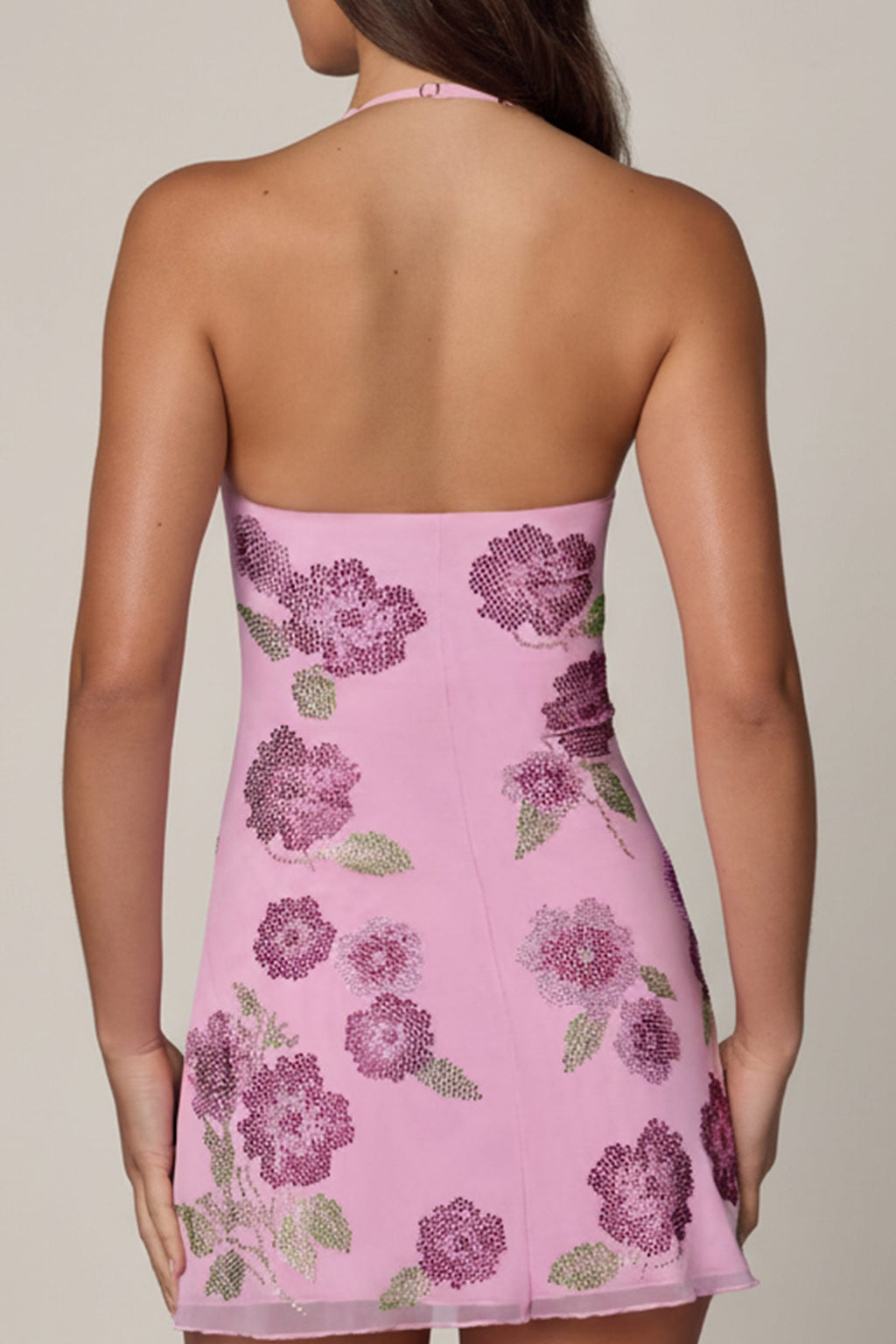 Chic Embellished Halterneck Mini Dress in Soft Pink