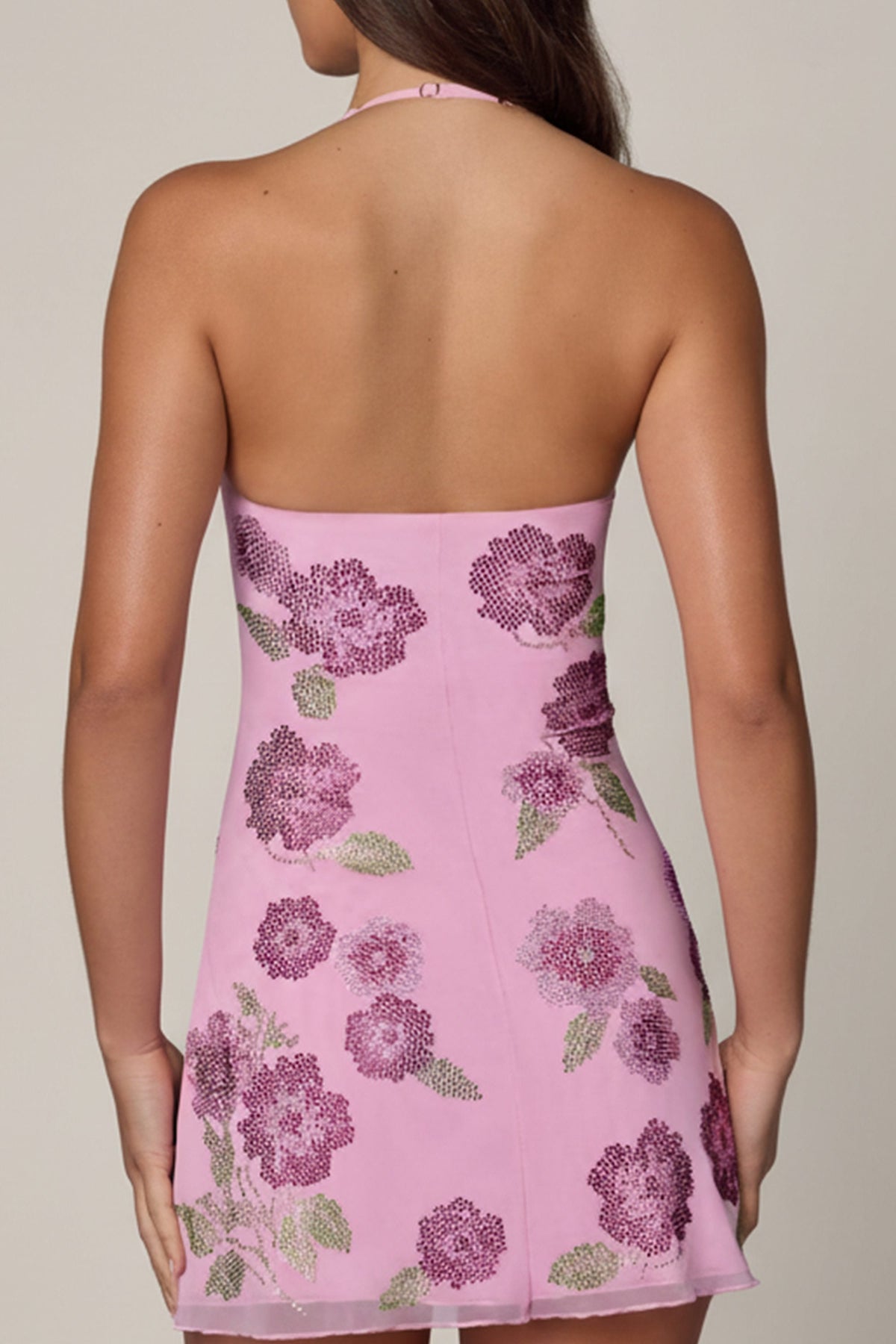 Chic Embellished Halterneck Mini Dress in Soft Pink