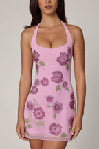 Chic Embellished Halterneck Mini Dress in Soft Pink