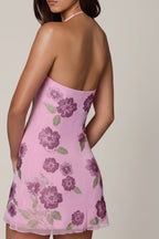 Chic Embellished Halterneck Mini Dress in Soft Pink