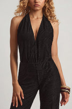 Chic Devoré Halterneck Open-Back Jumpsuit in Black