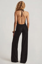 Chic Devoré Halterneck Open-Back Jumpsuit in Black