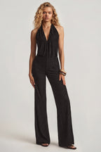 Chic Devoré Halterneck Open-Back Jumpsuit in Black