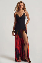 Chic Open-Back Maxi Dress in Red Blurred Print