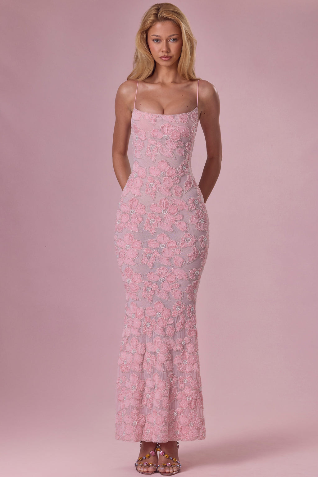 Chic Embellished Square Neck Maxi Dress in Blush