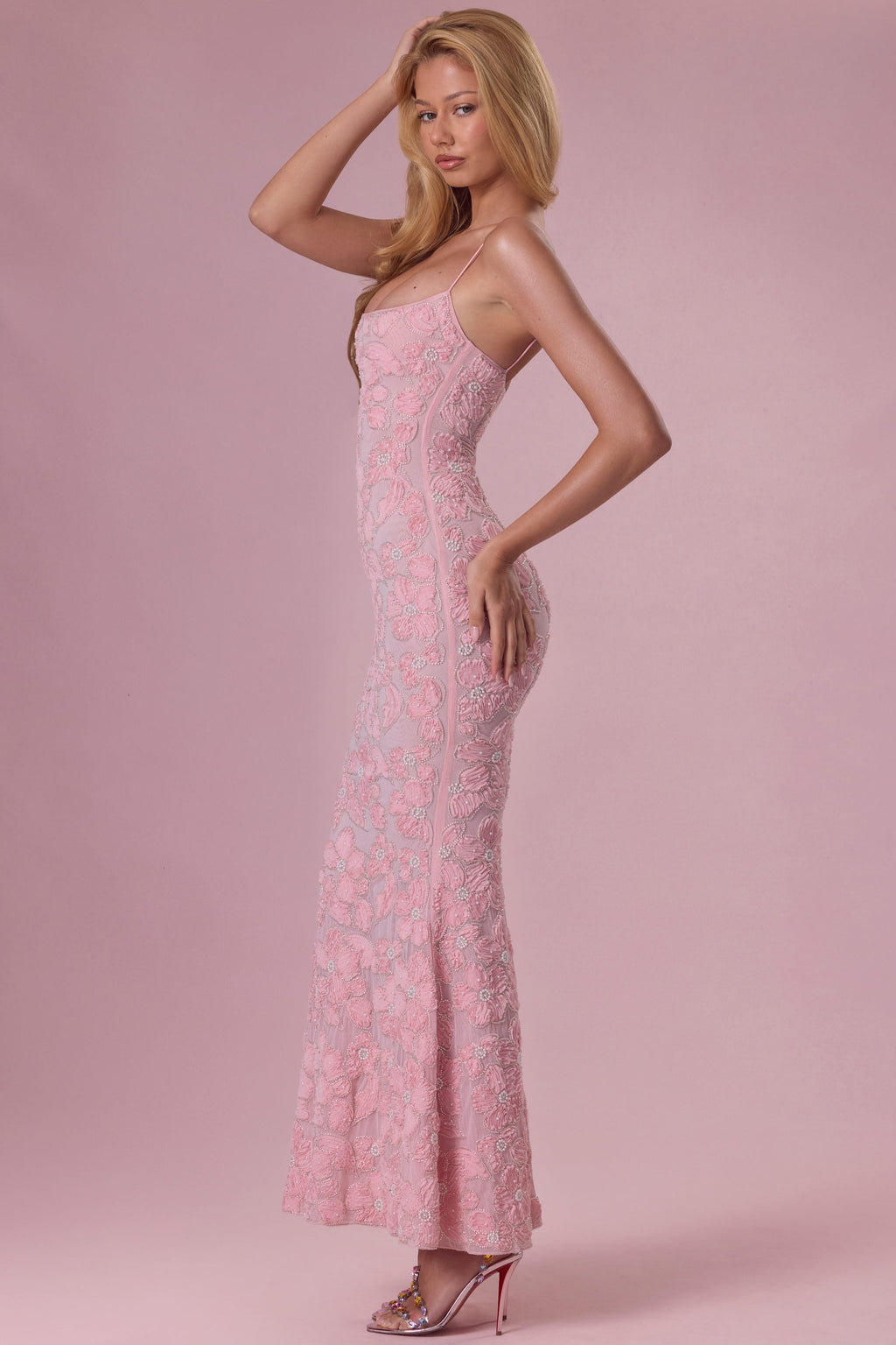 Chic Embellished Square Neck Maxi Dress in Blush