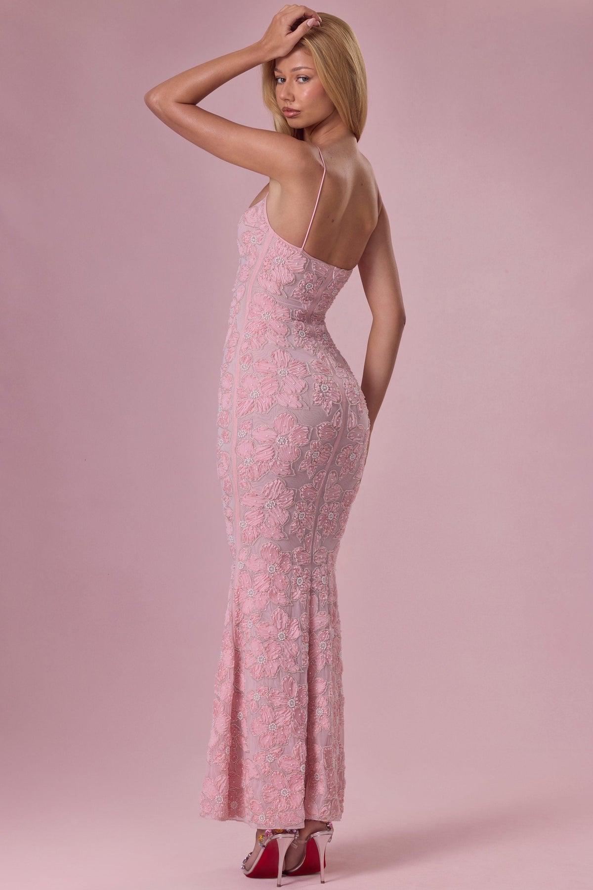 Chic Embellished Square Neck Maxi Dress in Blush