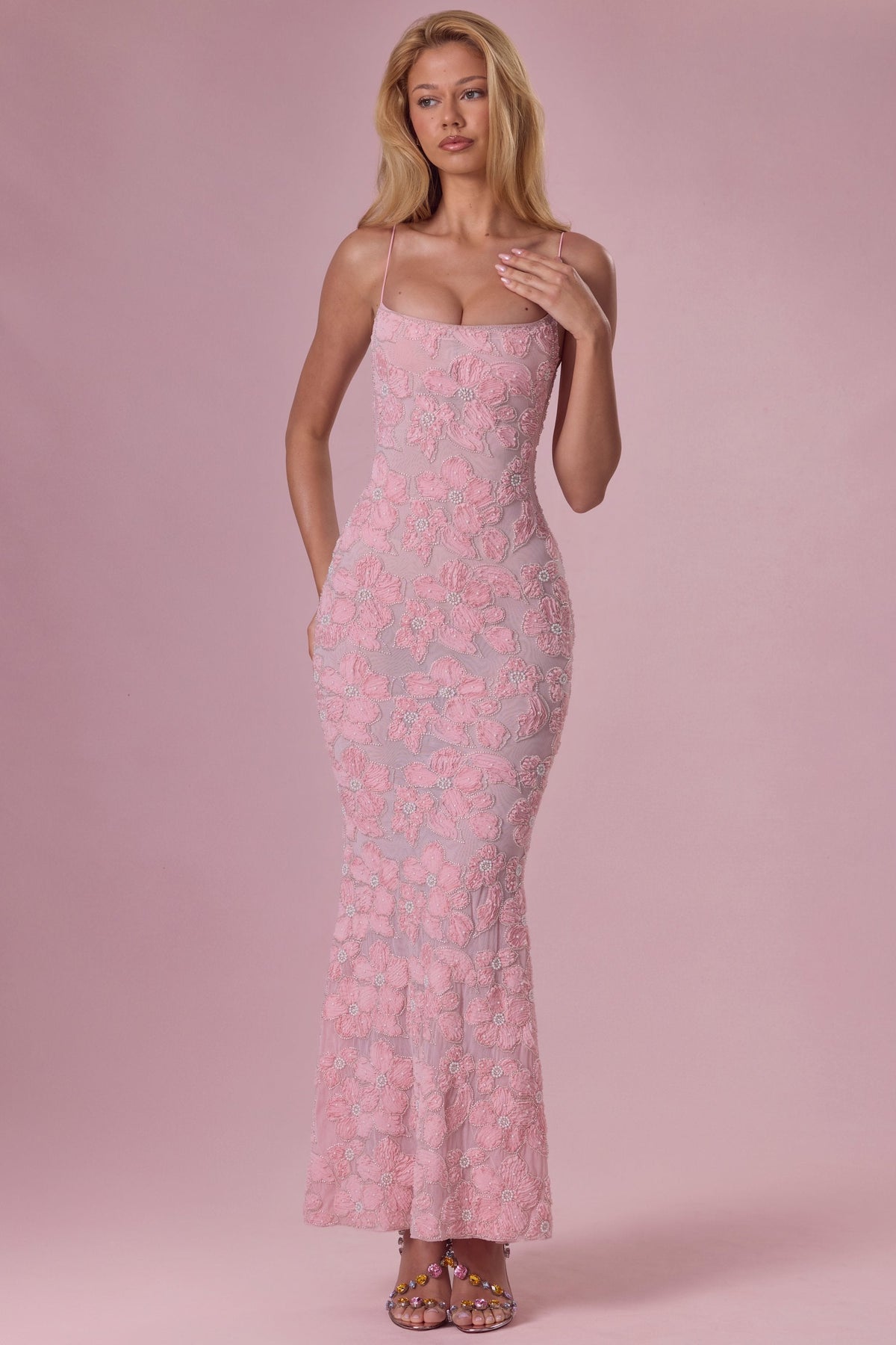 Chic Embellished Square Neck Maxi Dress in Blush