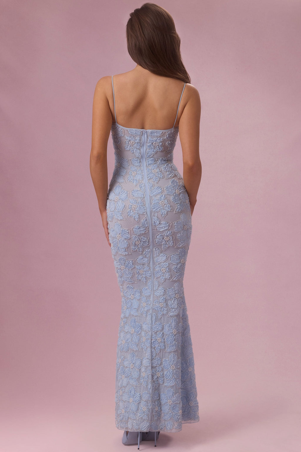 Chic Embellished Square Neck Maxi Dress in Sky Blue
