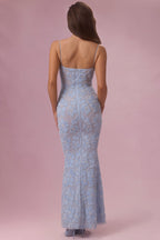 Chic Embellished Square Neck Maxi Dress in Sky Blue