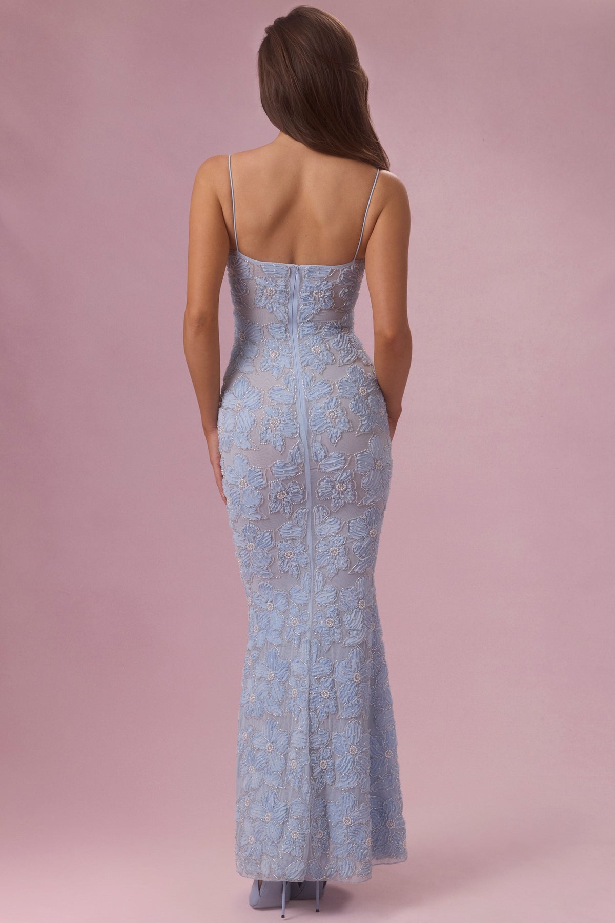 Chic Embellished Square Neck Maxi Dress in Sky Blue
