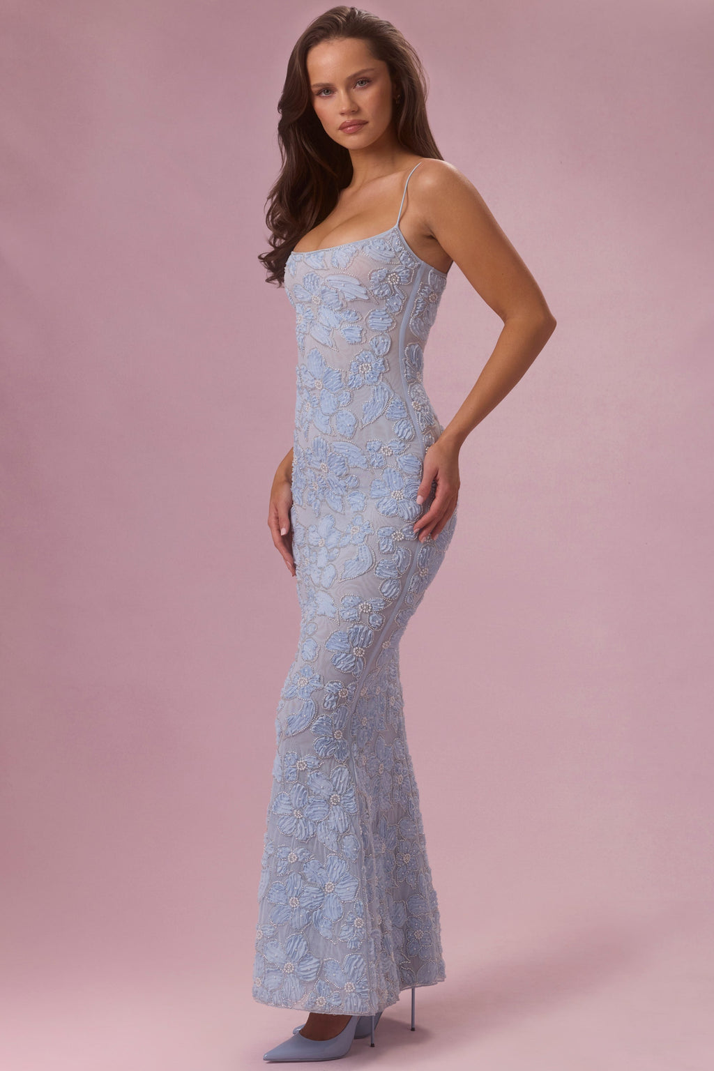 Chic Embellished Square Neck Maxi Dress in Sky Blue