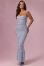 Chic Embellished Square Neck Maxi Dress in Sky Blue