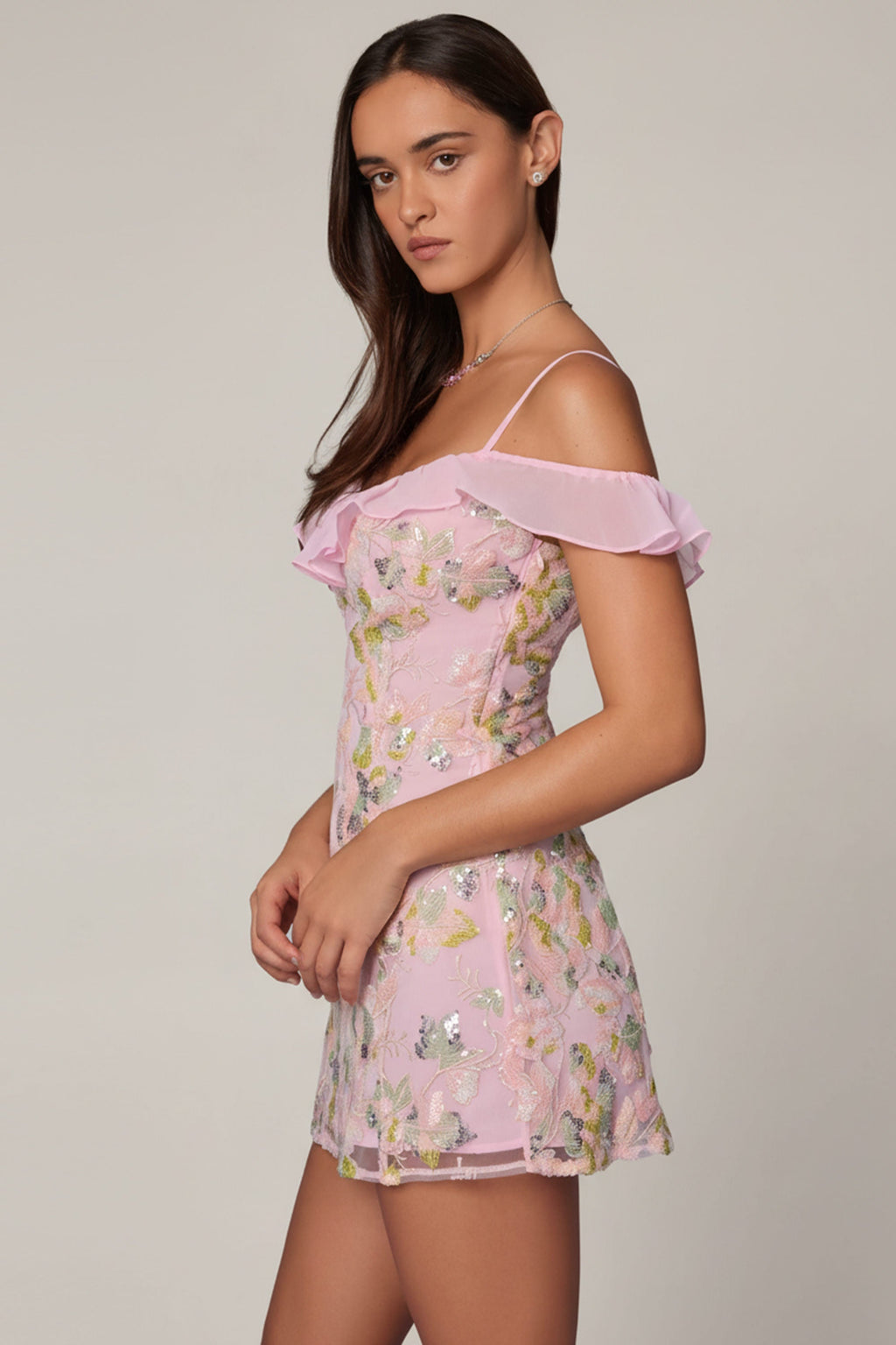 Chic Embellished Lace-Up A-Line Mini Dress in Soft Pink