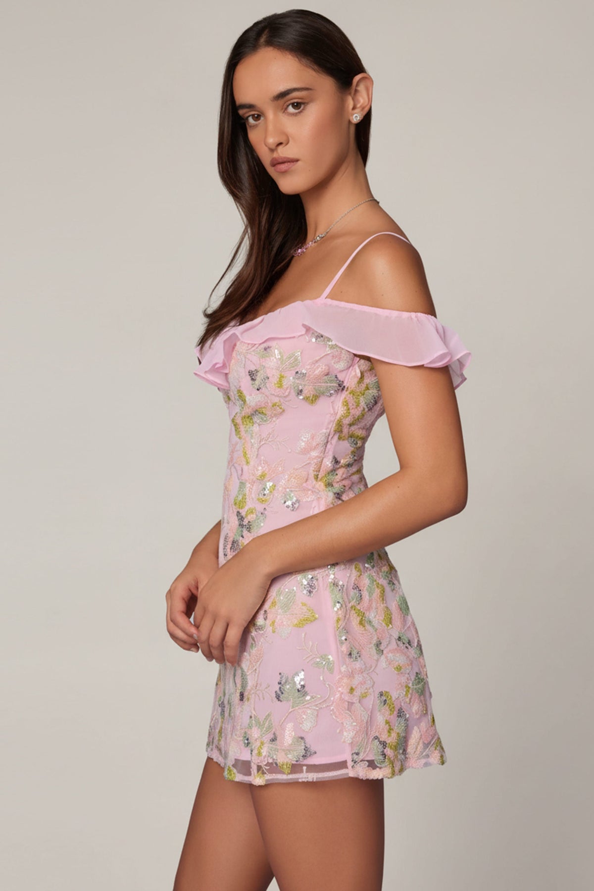 Chic Embellished Lace-Up A-Line Mini Dress in Soft Pink