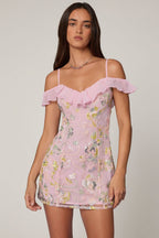Chic Embellished Lace-Up A-Line Mini Dress in Soft Pink