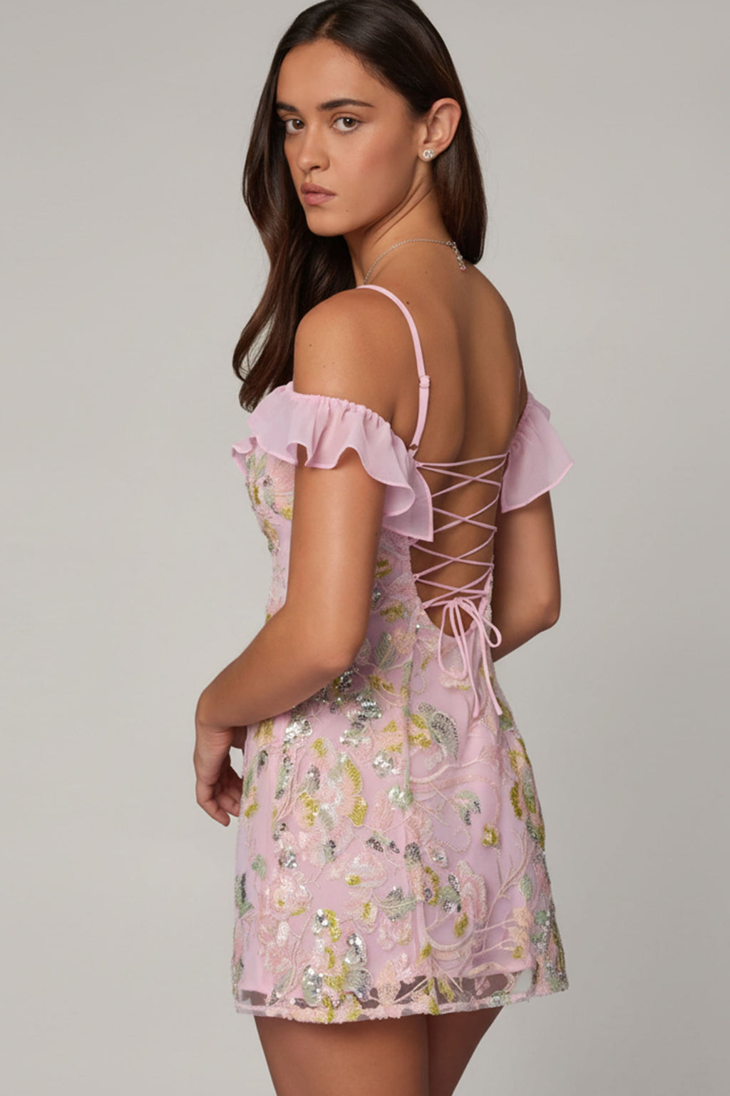 Chic Embellished Lace-Up A-Line Mini Dress in Soft Pink