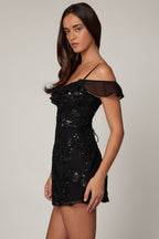 Chic Embellished Lace-Up A-Line Mini Dress in Black