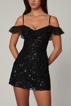 Chic Embellished Lace-Up A-Line Mini Dress in Black