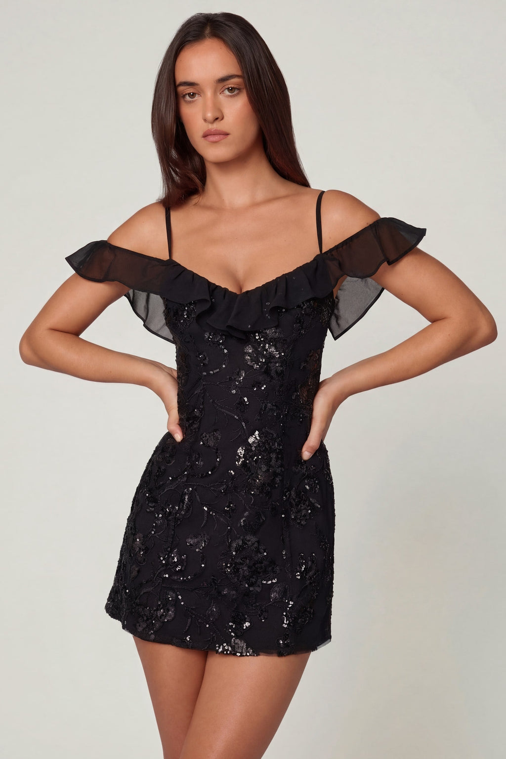 Chic Embellished Lace-Up A-Line Mini Dress in Black