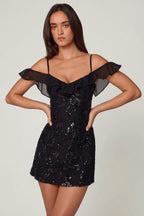 Chic Embellished Lace-Up A-Line Mini Dress in Black