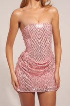 Chic Embellished Draped Strapless A-Line Mini Dress in Blush Pink