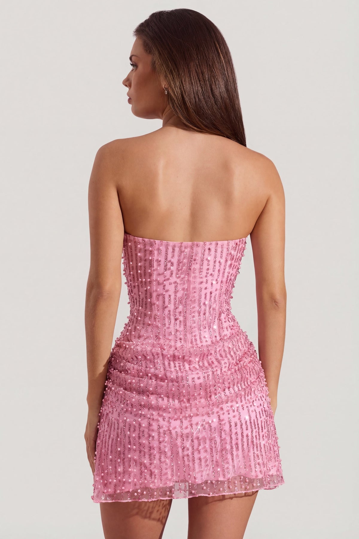 Chic Embellished Draped Strapless A-Line Mini Dress in Pink