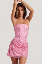 Chic Embellished Draped Strapless A-Line Mini Dress in Pink