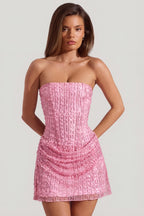 Chic Embellished Draped Strapless A-Line Mini Dress in Pink