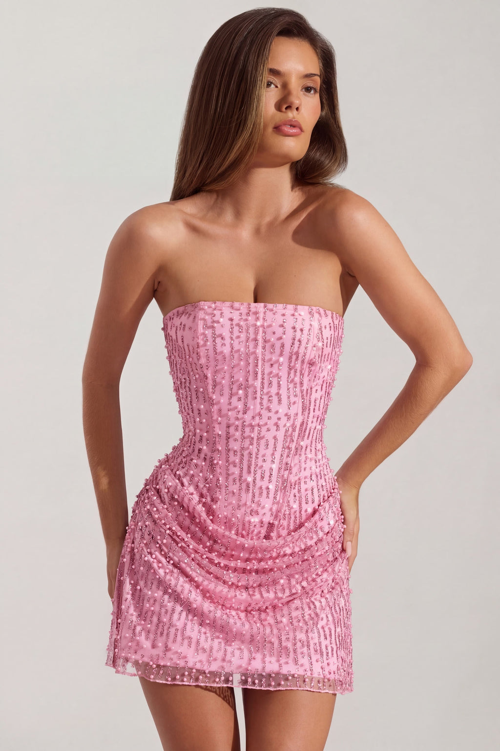 Chic Embellished Draped Strapless A-Line Mini Dress in Pink