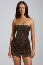 Chic Embellished Bandeau A-Line Mini Dress in Brown