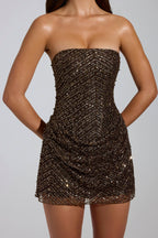 Chic Embellished Bandeau A-Line Mini Dress in Brown